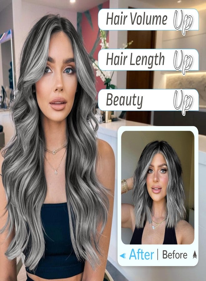 KooKaStyle Invisible Wire Hair Extensions Long Wavy Layered Synthetic Hair Extensions with Transparent Wire Adjustable Size 6 Secure Clips Grey/Sliver Mixed Hairpieces for Women 20 Inch - Image 2